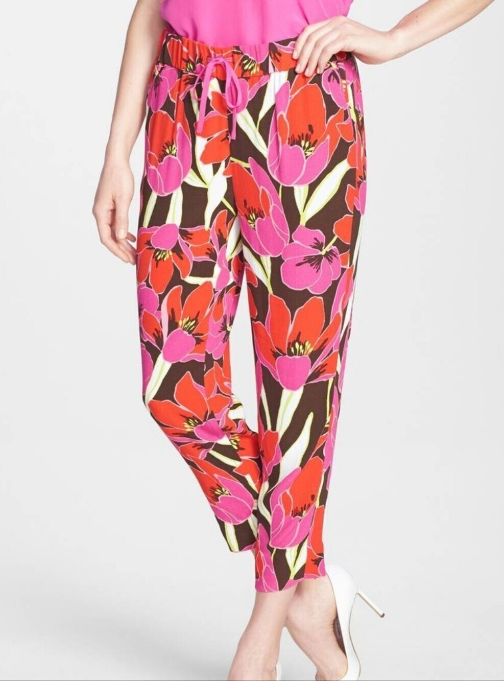 Kate Spade Hutton Tropical Floral Pull On Pants sz 2 Pink Red Resort Chic Artsy